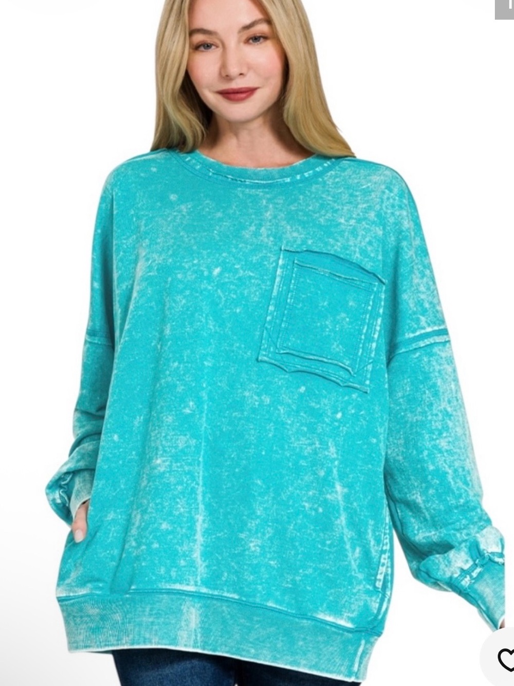 Zenana Outfitters Turquoise Acid Wash Pocket Pullover